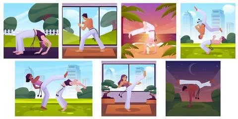 People doing capoeira exercise at nature, home or gym, Brazilian Capoeira dance Stock Illustration