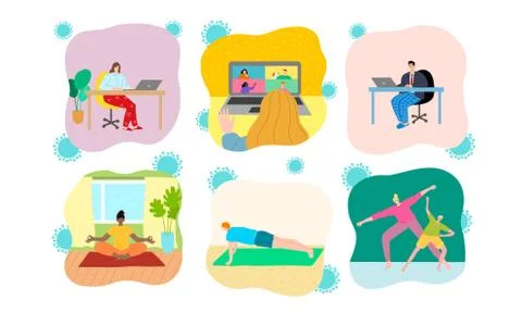 People doing everything at home during self isolation from coronavirus イラスト素材