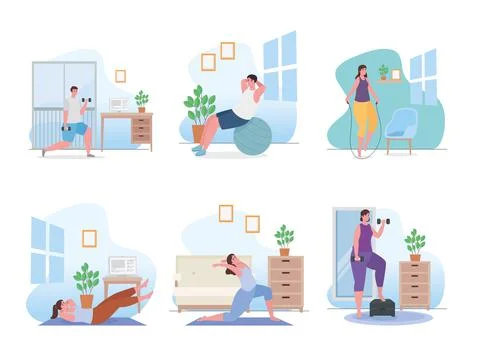 People doing exercise at home icon collection vector design Stock Illustration