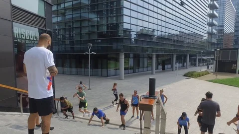 People doing exercises on some stairs 库存影片 117475867