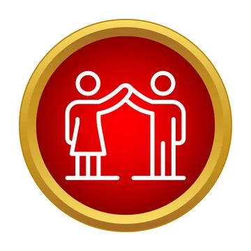 People doing high five in red gold button icon Stock Illustration