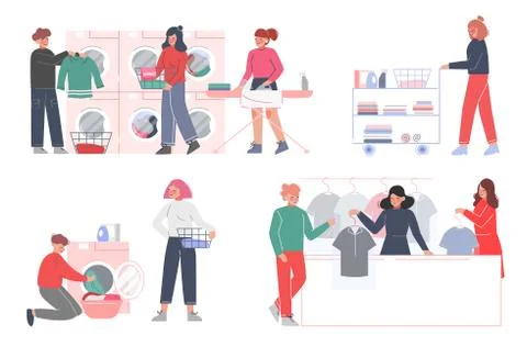People Doing Laundry at Home or Public Laundrette Set, Men and Women Washing and Stock Illustration