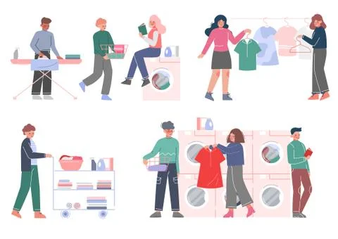 People Doing Laundry at Home or Public Laundrette Set, Men and Women Washing Stock Illustration
