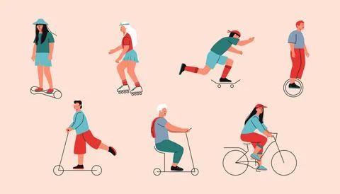 People doing outdoor activities. Abstract male female cartoon characters ride Stock Illustration