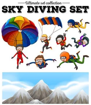 People doing sky diving and mountain scene Stock Illustration