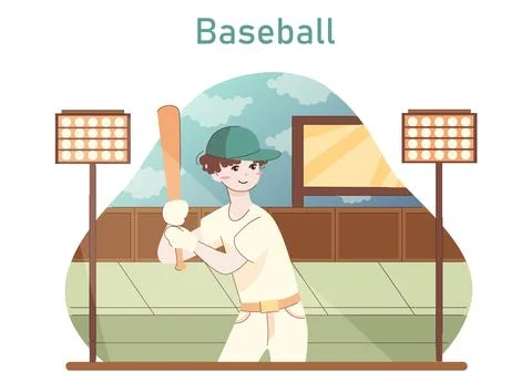 People doing sport. Baseball player holding a bat. Outdoor sadium Stock Illustration