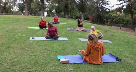 People doing yoga class keeping social distance at city park Vídeos de archivo 151681532