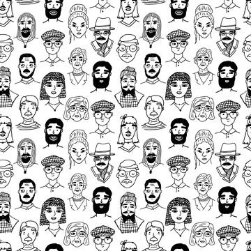 People doodle seamless pattern. Vector black white trendy endless illustration Stock Illustration