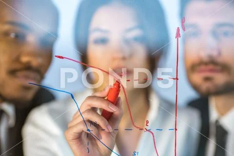 The people draw the graph at the virtual screen Stock Photos