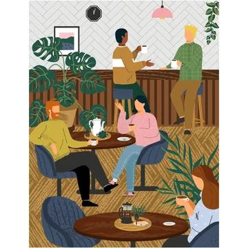 People drink tea in cafe vector illustration Stock Illustration
