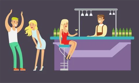 People Drinking at the Bar and Dancing in Nightclub, Bartender Serving Visitors Stock Illustration