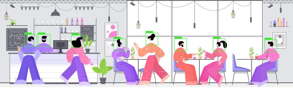 People drinking coffee in cafe security camera surveillance cctv system Stock Illustration