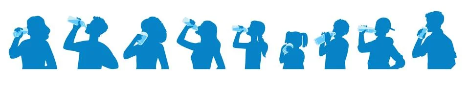 People drinking water - cartoon silhouette set of men and women in profile Stock Illustration