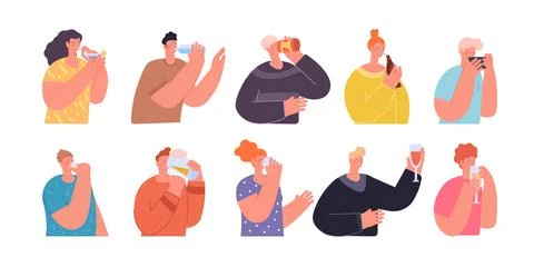 People with drinks. Teens drink, friends holding juice water or wine. Person Stock Illustration