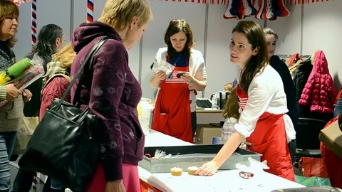 People during open Charity bazaar 2016 in Kiev, Ukraine. Video stock 72079382