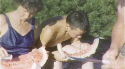 People Eating Fresh Juicy Watermelon 1960s Vintage Film Home Movie 508 Stock Footage
