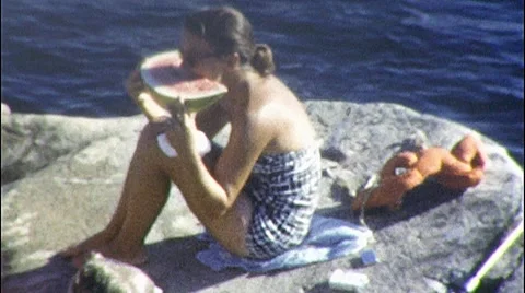 People Eating Fresh Juicy Watermelon 1960s Vintage Film Home Movie 510 Stock Footage