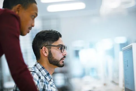 People, education and computer lab in college with assignment, project and Stock Photos