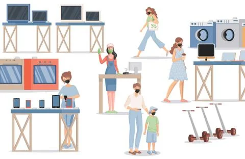 People in electronics store vector flat illustration. Man and women in Illustrazione stock