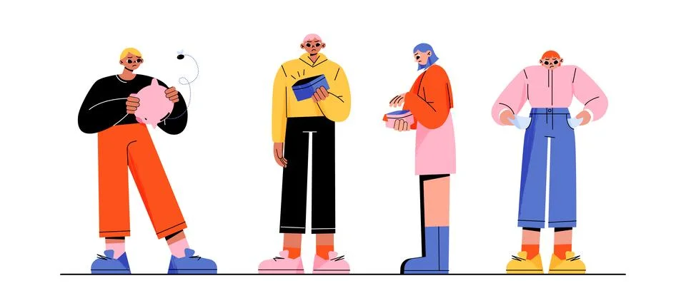 People with empty wallets, pockets and piggy bank Stock Illustration
