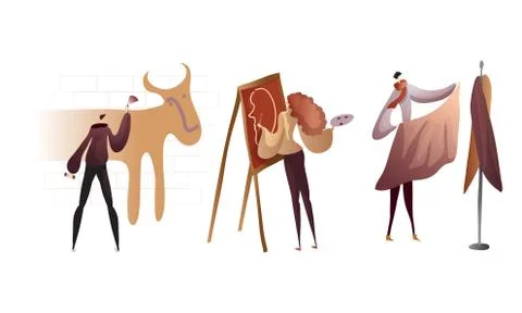 People Engaged in Creative Process and Art Vector Set 스톡 일러스트