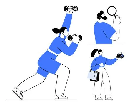People Engaged in Various Activities Exercising, Shopping, and Analyzing wi.. Stock Illustration