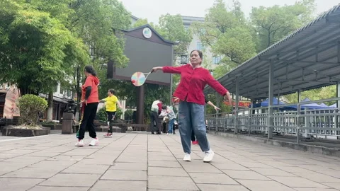 People engaging in a coordinated fan exercise outdoors in Hunan Stock Footage 313285265