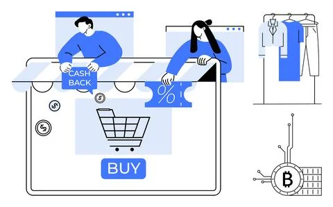 People engaging in online shopping with elements like cashback, discount code Illustrazione stock