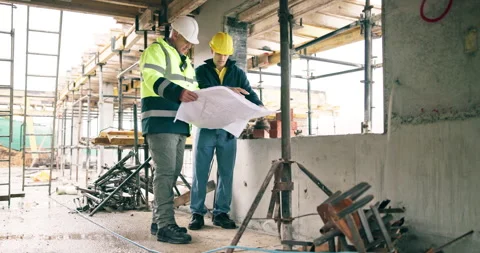 People, engineer and blueprint at site for construction, inspection and planning Stock Footage 337015771