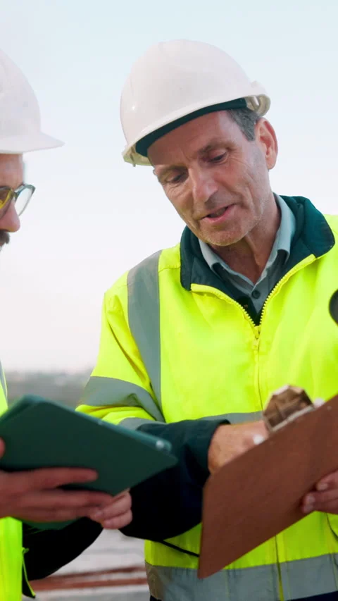 People, engineer and clipboard with tablet outdoor for inspection, safety report Stock Footage 336200404