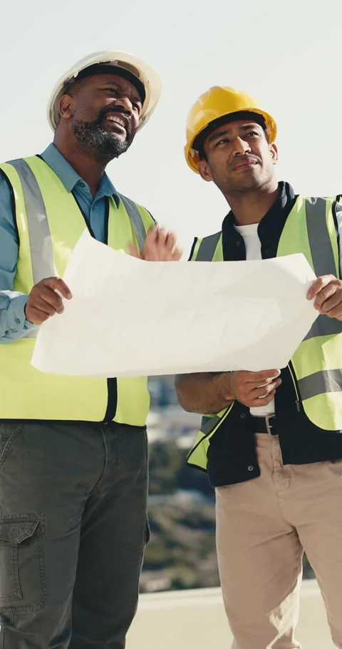 People, engineer and document at site for construction, blueprint and inspection Stock Footage 345583457