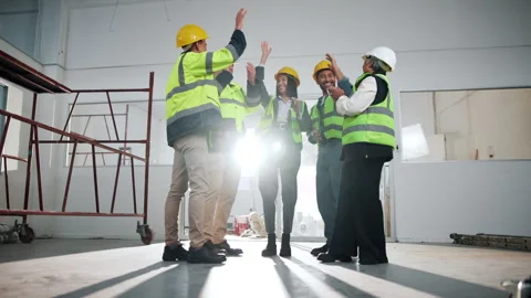 People, engineer and hand stack for construction, motivation and celebration for Stock Footage 341551416