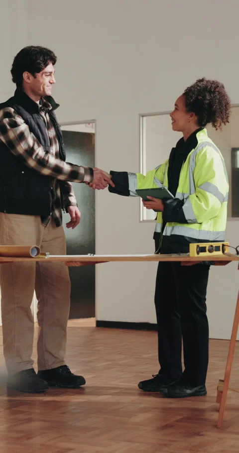People, engineer and handshake at site for construction, welcome and agreement Stock Footage 342325595