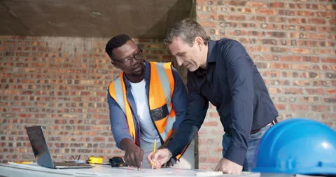 People, engineer and laptop at site with document, blueprint and research for Stock Footage 337537260