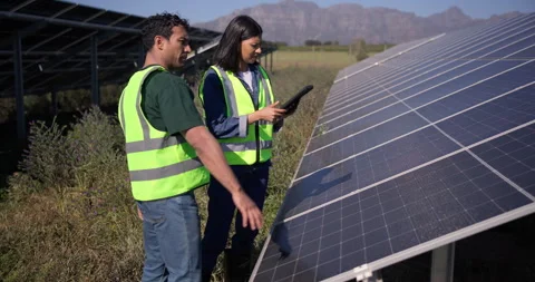 People, engineer and solar panel in nature with tablet, research and inspection Stock Footage 348721395