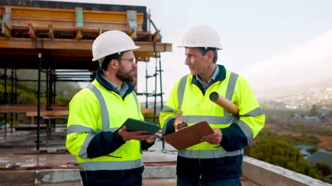 People, engineer and tablet on construction site for discussion, compliance Stock Footage 336224689