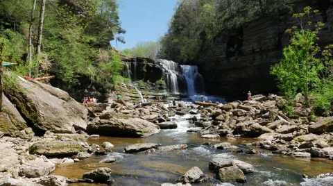 People Enjoy Cummins Falls Waterfall in Tennessee Stock Footage 62492400