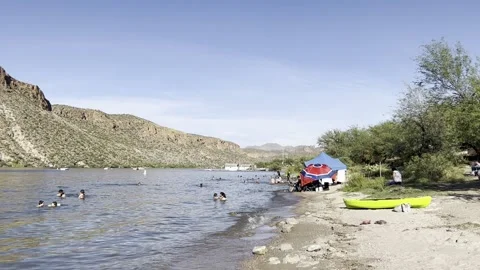 People Enjoy Summer at Apache Trail Acacia Recreation Site Arizona Stock Footage 203805531