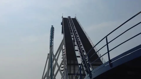 People Enjoy Thrilling Roller Coaster Ride on Overcast Day Stock Footage 301714458