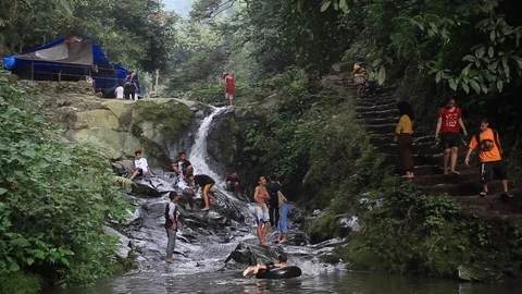 People Enjoy Waterfall Stock Footage 110157154