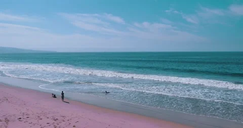 People enjoying beach day with waves and pink sand Stock Footage 339519896