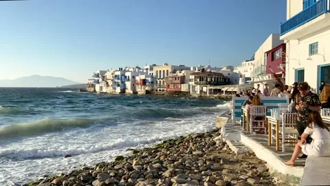 People Enjoying at neighborhood of Little Venice in Greek Island Mykonos, Greece Stock Footage