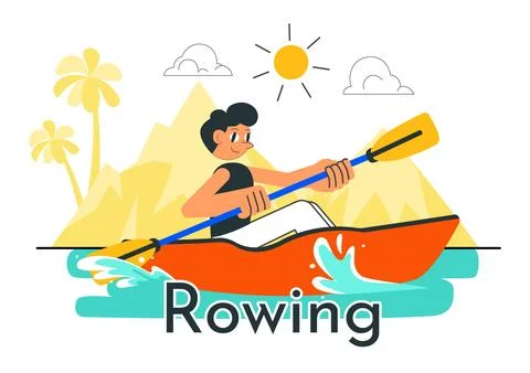 People Enjoying Rowing Vector Illustration Featuring Canoes and Sailing on .. Stock Illustration