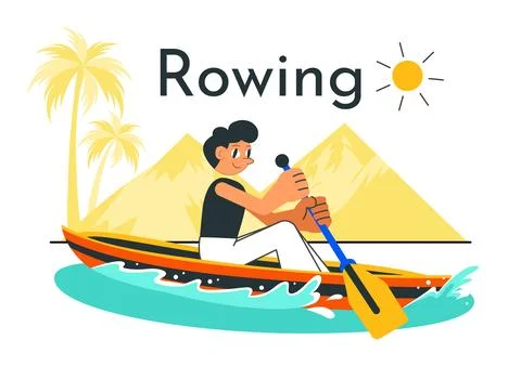 People Enjoying Rowing Vector Illustration Featuring Canoes and Sailing on .. Stock Illustration