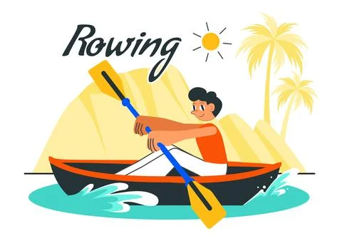 People Enjoying Rowing Vector Illustration Featuring Canoes and Sailing on .. Stock Illustration