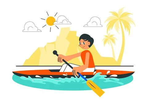 People Enjoying Rowing Vector Illustration Featuring Canoes and Sailing on .. Stock Illustration