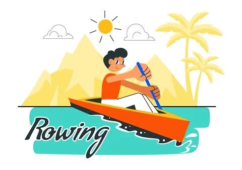 People Enjoying Rowing Vector Illustration Featuring Canoes and Sailing on .. Stock Illustration