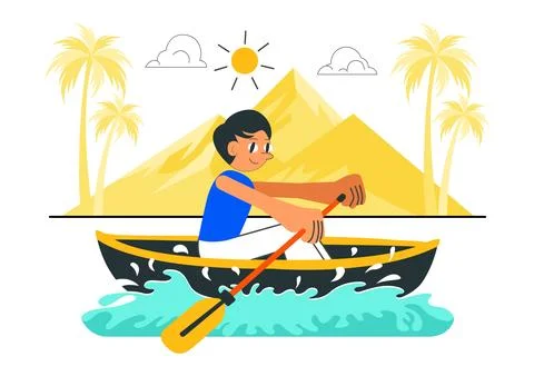 People Enjoying Rowing Vector Illustration Featuring Canoes and Sailing on .. Stock Illustration