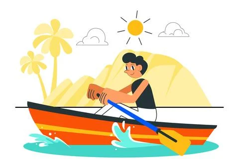 People Enjoying Rowing Vector Illustration Featuring Canoes and Sailing on .. Stock Illustration