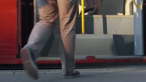 People enter city tram Stockbeeldmateriaal 138124591